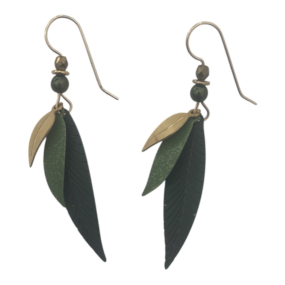 Three Leaves Earring by Adajio Earrings Dangle Hook Leaf Gold Green